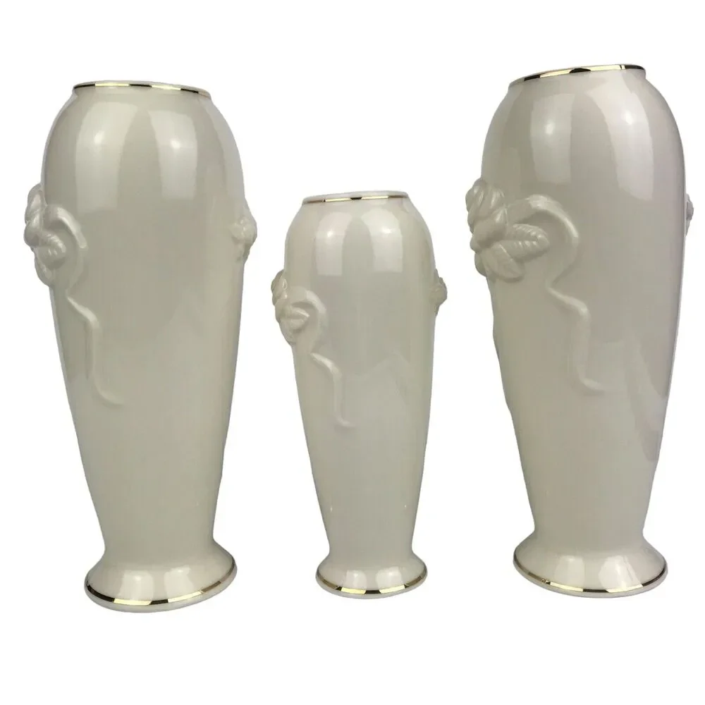 Lenox Rose Blossom Vases Ivory Porcelain 24k Gold Trim 5.75'' 7.5'' Set of 3 EUC